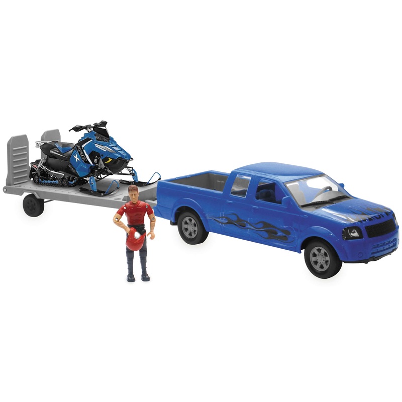 New Ray Toys 1:18 Scale Blue F-150 Truck with Trailer and Polaris Switchback Snowmobile SS-37406