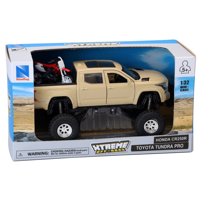 New Ray Toys Toyota Tundra Pro Lifted Truck Mud Bath with Honda Dirt Bike 1:32 Scale
