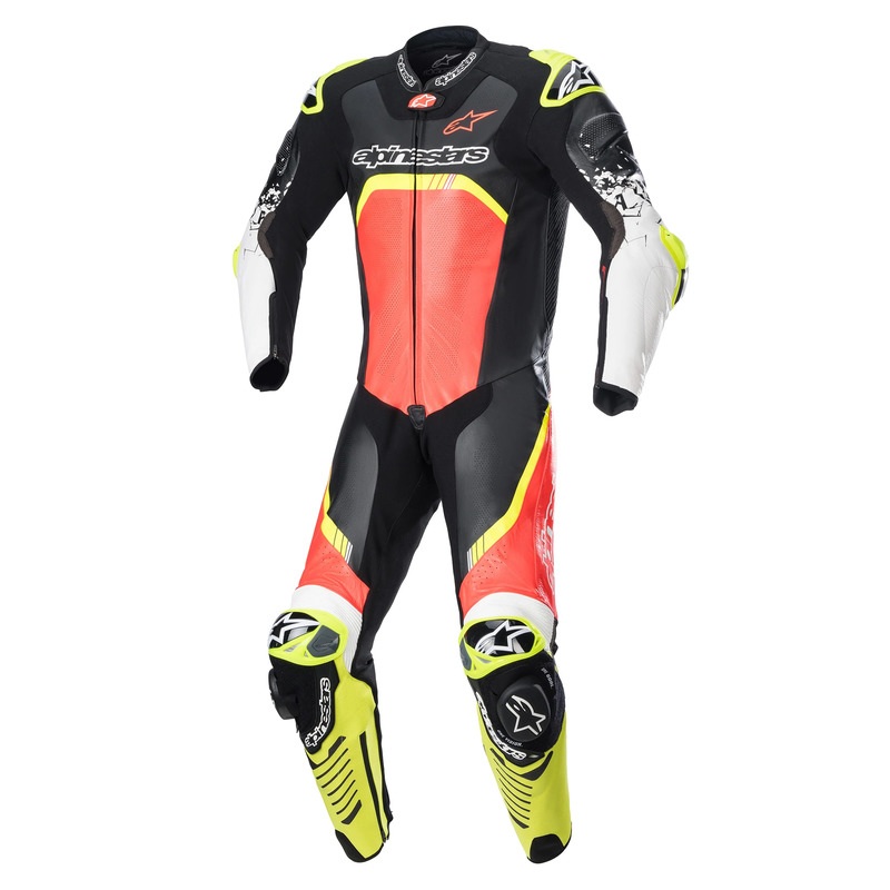 ALPINESTARS GP TECH V4 1 PC LEATHER SUIT – BLACK FLURO RED FLURO YELLOW 48