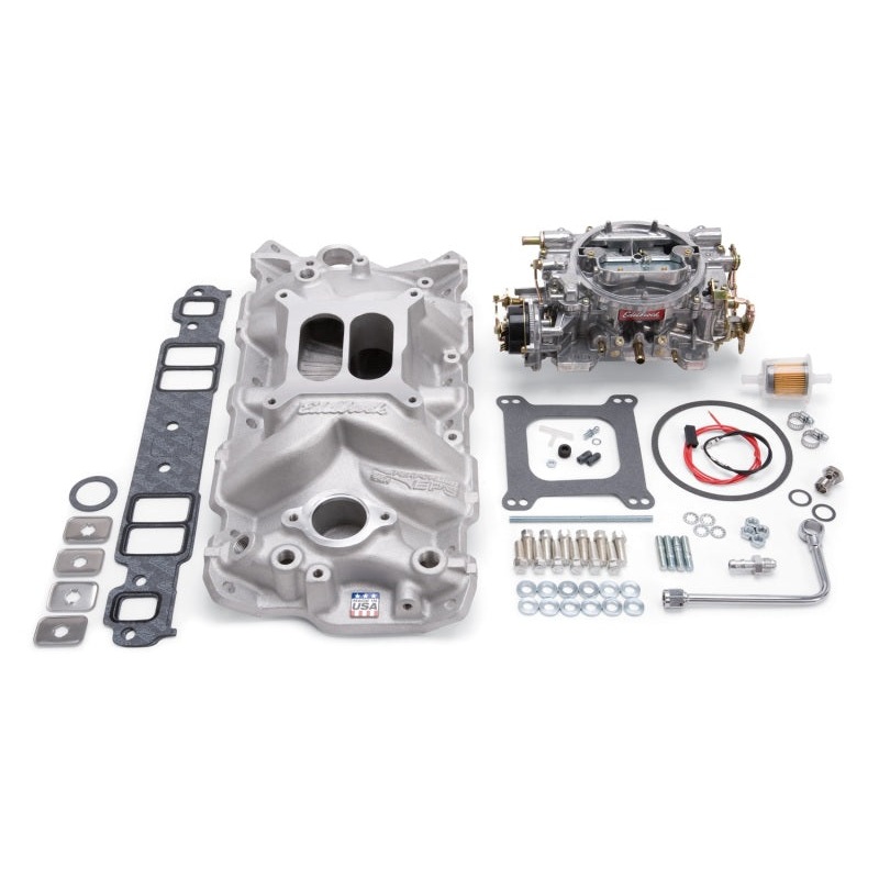 Edelbrock Manifold And Carb Kit Performer Eps Small Block Chevrolet 1957-1986 Natural Finish